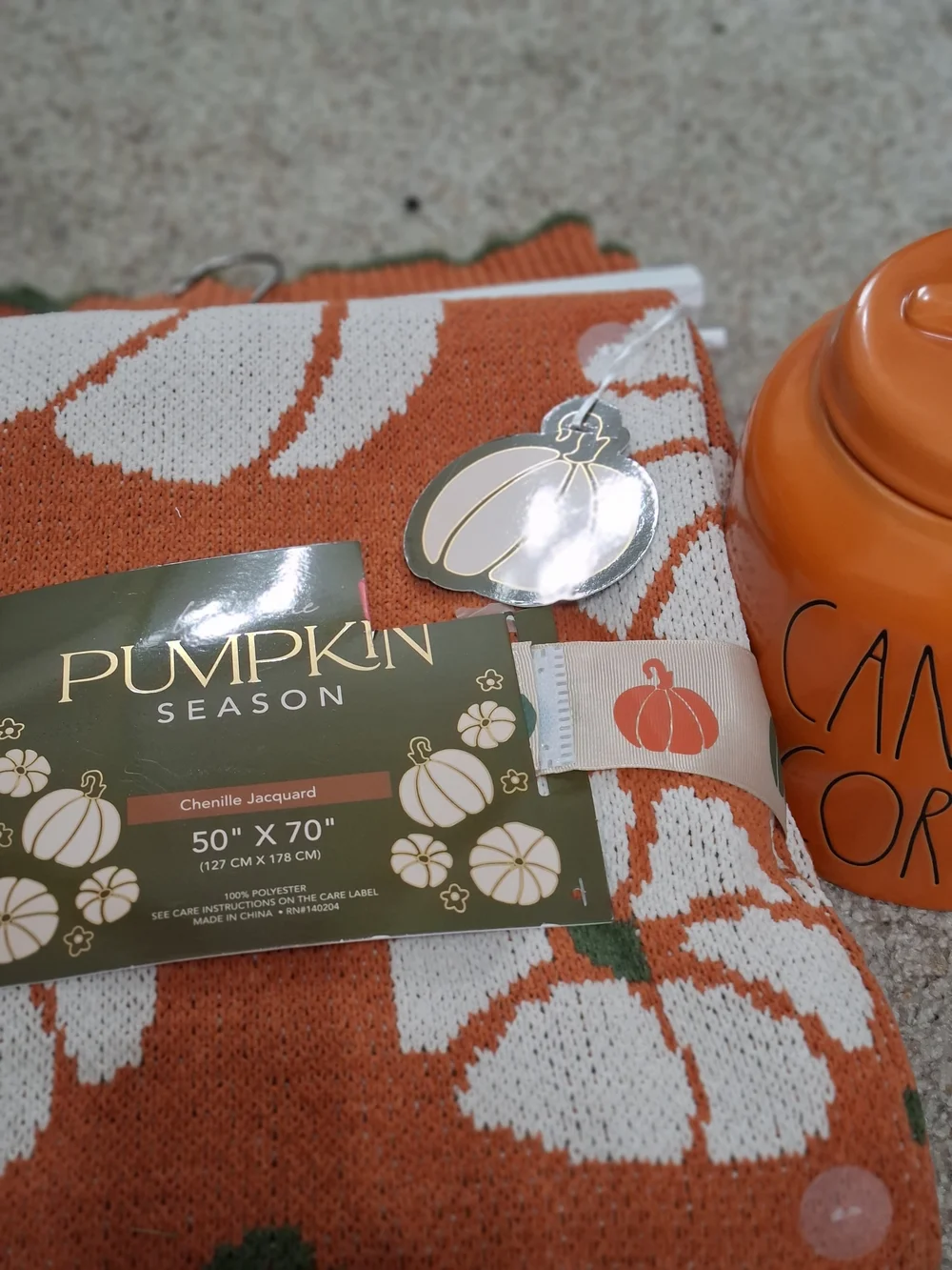Pumpkin Season Orange Chenille Jacquard Throw Blanket and Rae Dunn Jar